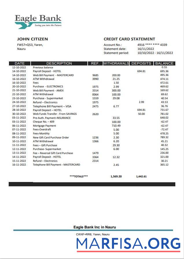 Downloadable Nauru Eagle bank statement word sample
